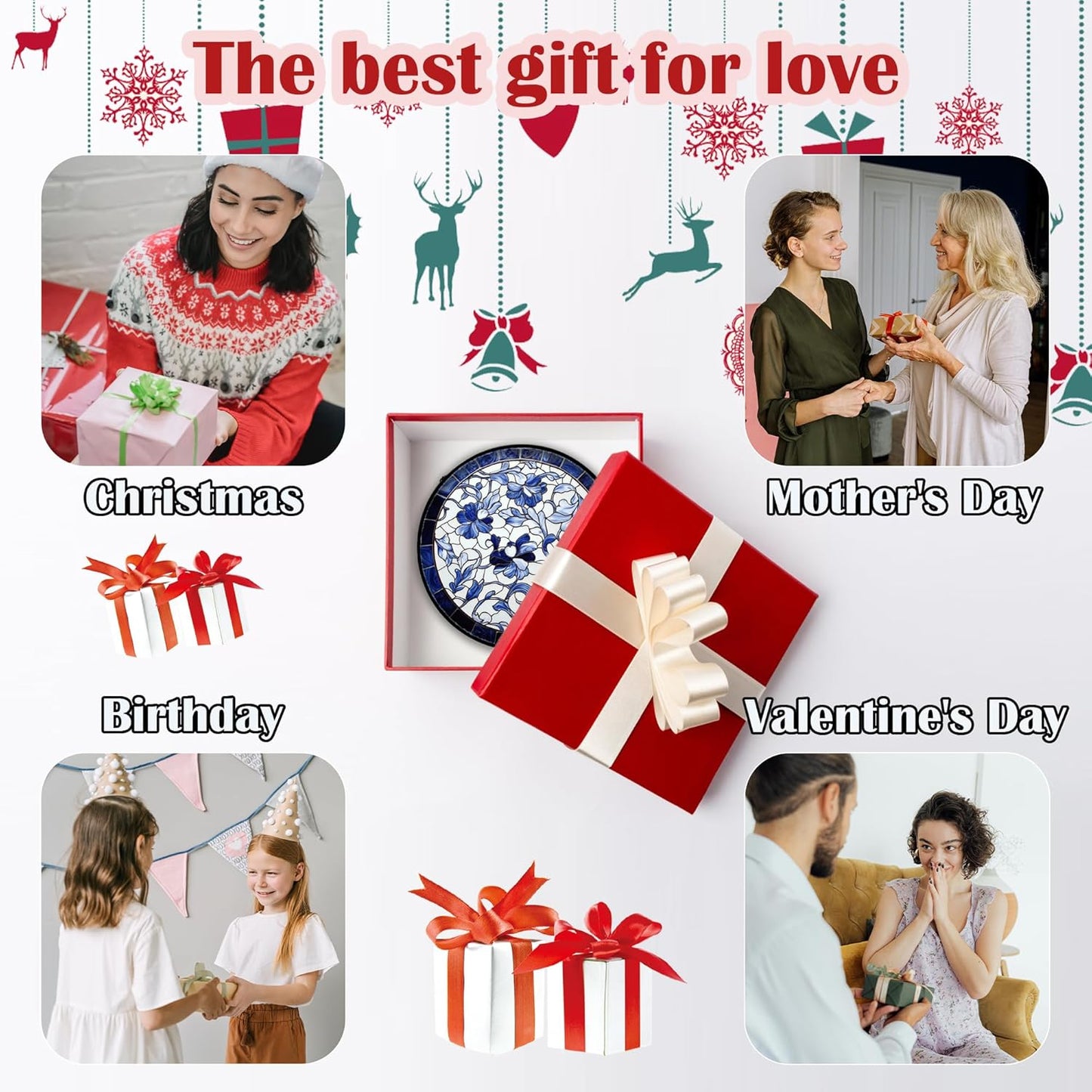 Stained Glass Window Hanging, Blue and White Abstract Flowers Sun Catcher for Door Home Decor Suncatcher Christmas Mother's Day Birthday Gifts for Women Men Mom and Nana 7.8 in