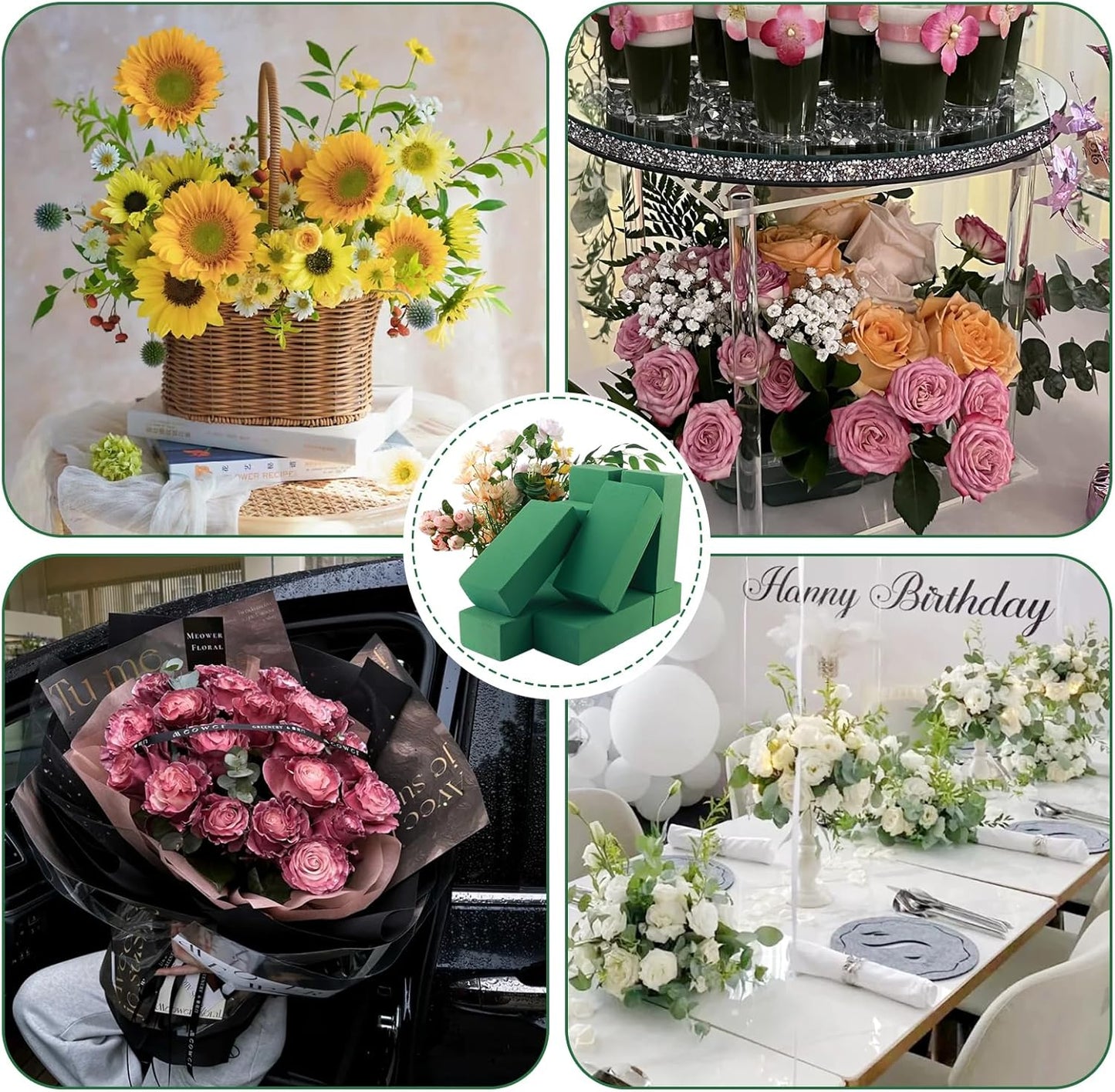 8 Pcs Round Floral Foam Blocks for Fresh & Artificial Flowers, 6.5" Wet & Dry Green Flower Foam for Indoor Outdoor Floral Arrangements, Large Styrofoam Block for Wedding, Birthdays, Home Décor