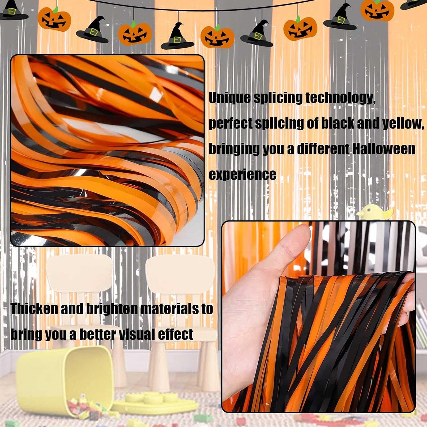 4 Pack Black Orange Foil Fringe Curtain Backdrop, 3.28Ft x 9.8Ft Metallic Tinsel Foil Fringe Streamers Curtains for Photo Booth, Wedding, Thanksgiving, Birthday, Christmas, Halloween Party Decoration