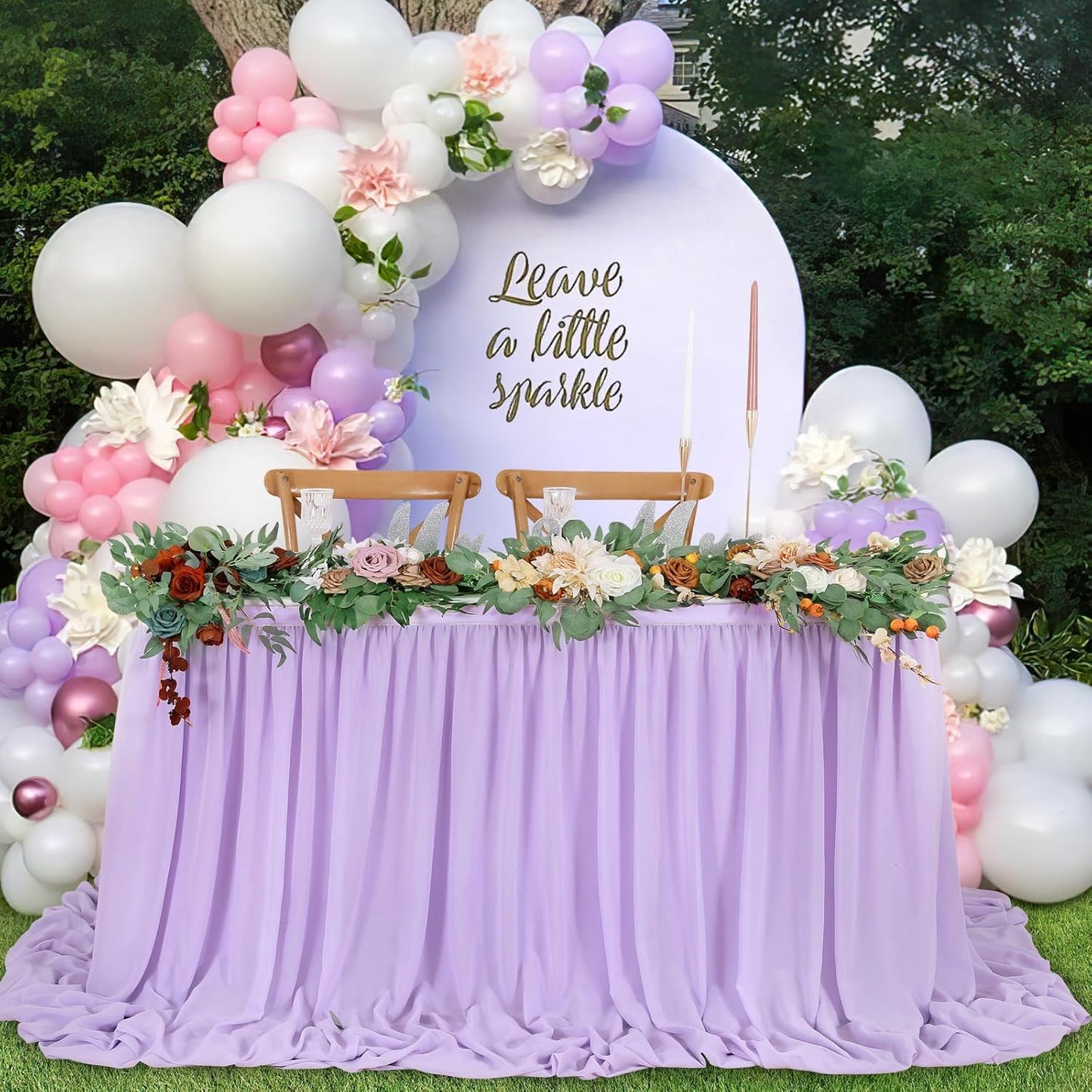 QueenDream 14ft Lavender Chiffon Table Skirt Purple Sheer Tablecloth for Rectangle Tables for Baby Shower Birthday Party Decorations
