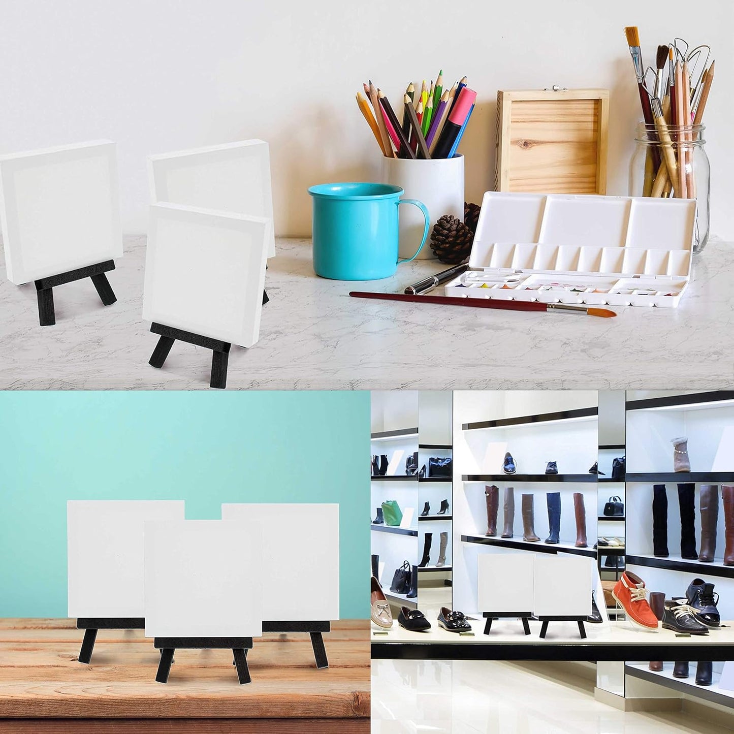 U.S. Art Supply 3" x 3" Stretched Canvas with 5" Mini Easel Kit (12 Pack) - Black Wooden A-Frame Tabletop Display Stand, Mini Easel Stand - Small Easels for Display, Small Canvases, Crafts, Photos