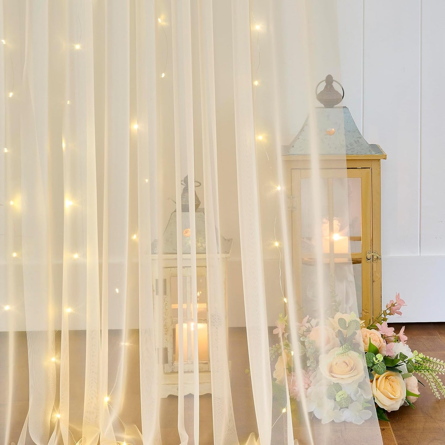 Champagne Backdrop Curtains with Lights String for Wedding Parties 10×10ft Sheer Tulle Backdrop Curtain for Bridal Shower Baby Shower Birthday Party Photo Shoot Decorations 2 Panels 5×10ft