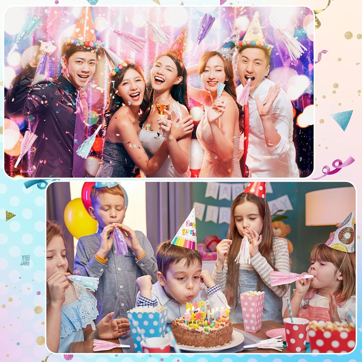 24 pcs Party Blowers, Noise Makers Glitter Metallic Fringed Party Horns for Birthday Blow Horns Graduation Sporting Party Favors Supplies