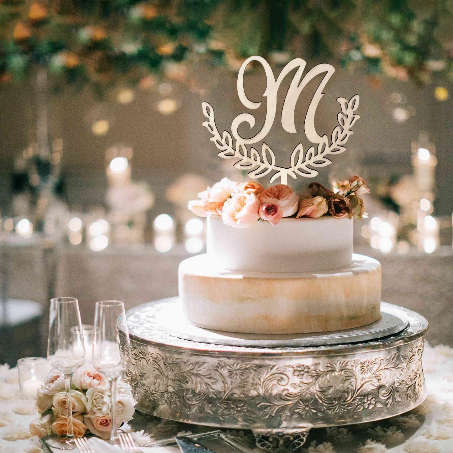 LINGTEER Personalized Inital Letter M Wooden Cake Topper Perfect for Birthday Rustic Wedding Anniversary Party Keepsake Decoration
