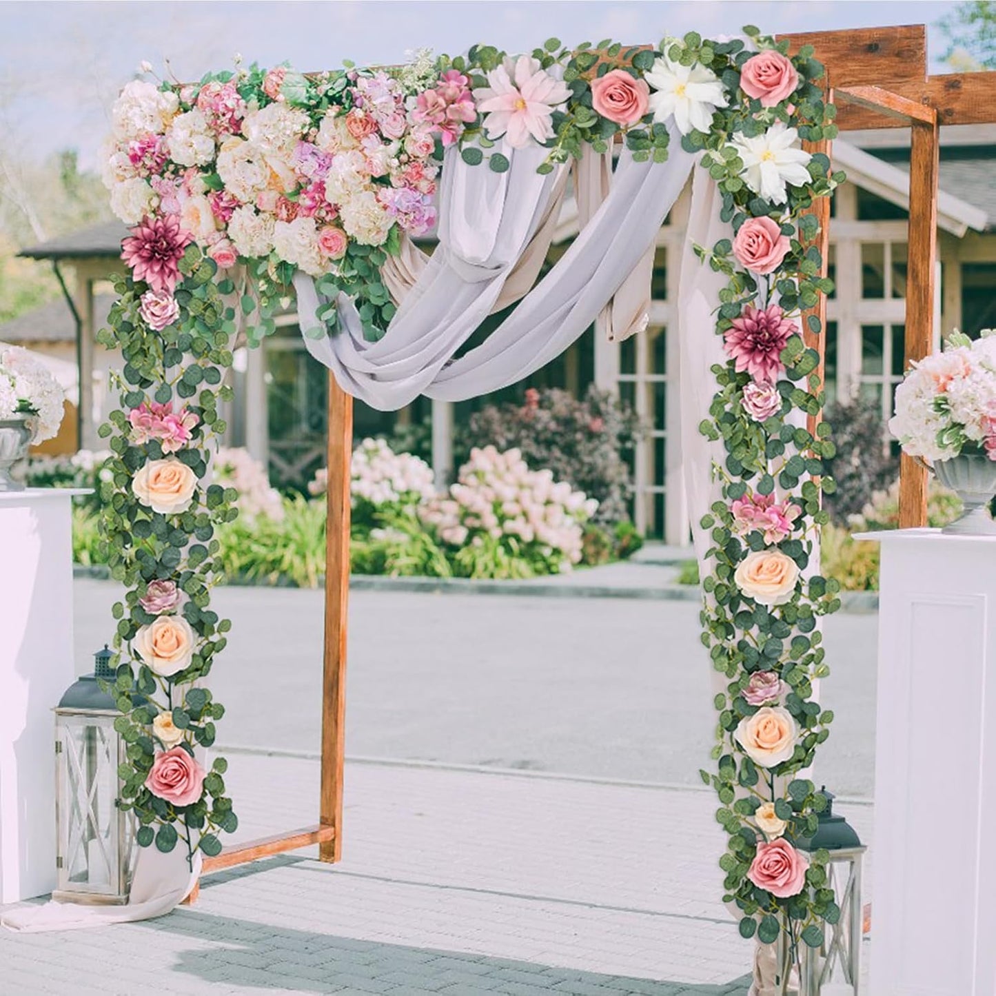 Waipfaru Artificial Flower Garland with Lights, 6.07Ft Lighted Eucalyptus Greenery Garland, Pink Rose Floral Vines for Wedding Table Runner Centerpieces Backdrop Decor