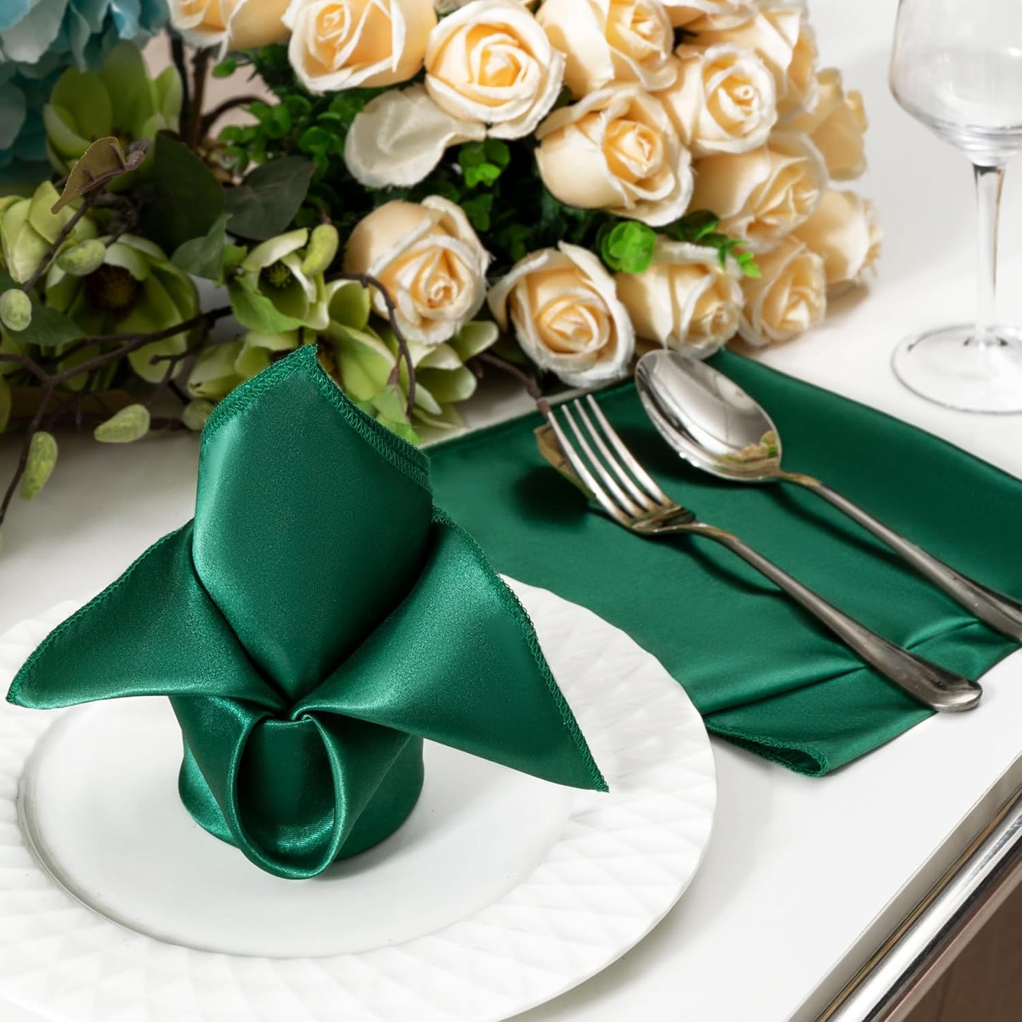 36 Pack Square Satin Dinner Napkins, 16x16 Inches Silky Soft Smooth Table Cloth Napkins for Restaurant Weddings Banquet Party Decoration, Blackish Green