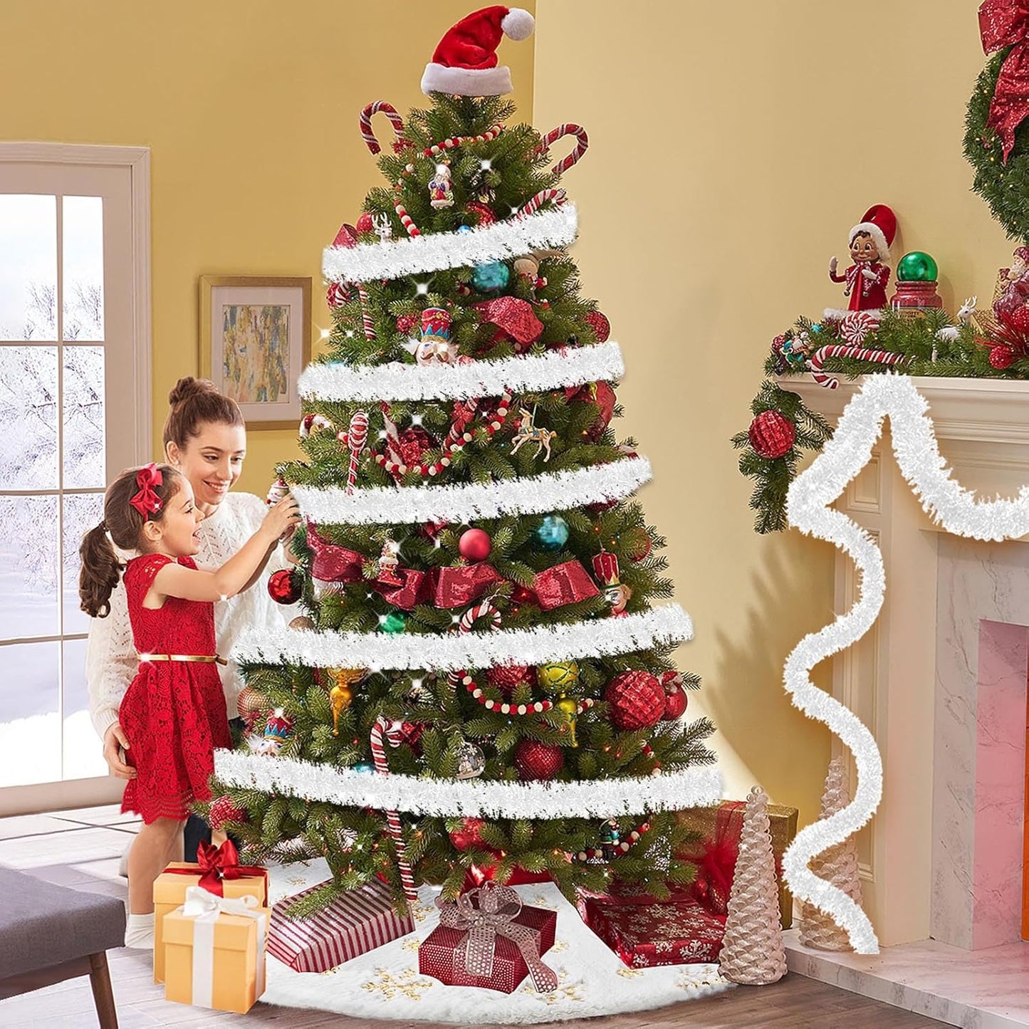 Macaron 25ft Metallic Twist Tinsel Garland - Wall Hanging Backdrop for Christmas Eve, New Year & Valentine's Day Parties (White, 4in x 25ft)