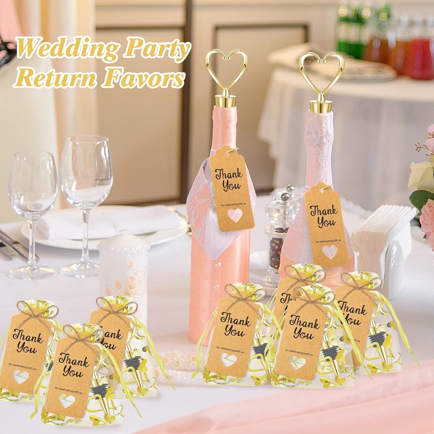 Buryeah 24 Set Wedding Heart Shaped Wine Stopper Party Favors Bulk Beverage Bottle Stopper Wine Cork Love Design Souvenirs for Guest with Sheer Bag Labels Rope Gift for Engagement Bridal Shower, Gold