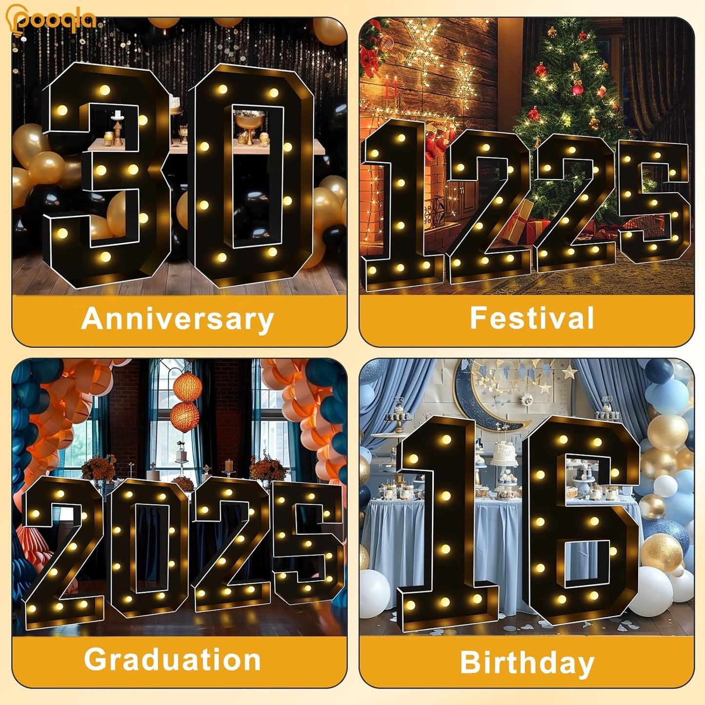 Pooqla 3FT Marquee Light Up Numbers, Black Lighted Party Decor for her him Women Men, Giant Mosaic Light Up Numbers for 3rd 13th 30th Birthday Anniversary Decoration, Number 3