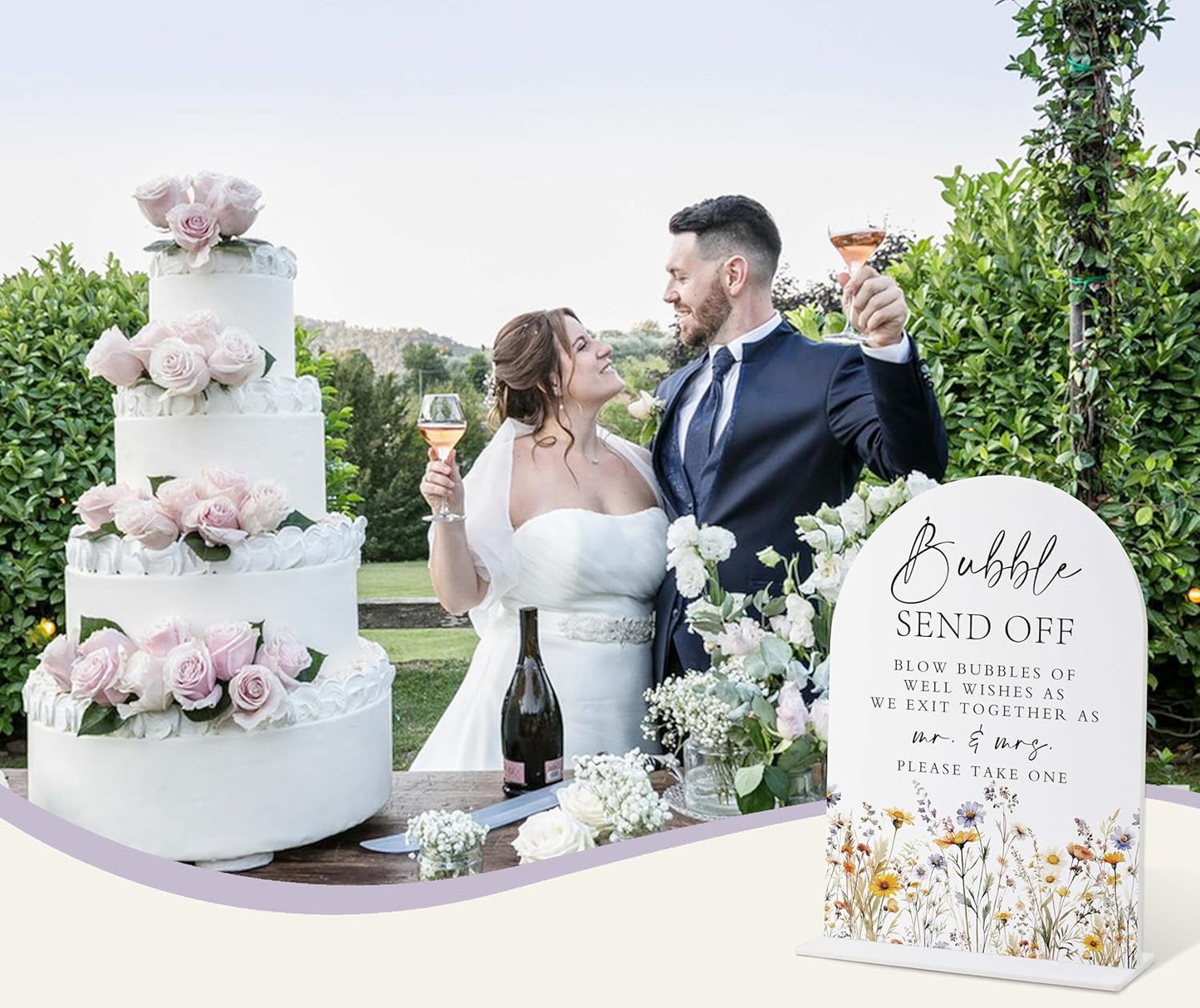 Wedding Signs for Ceremony and Reception, Boho Floral Acrylic Bubble Send Off Sign, Wedding Signage with Stand, Bridal Shower Table Centerpieces, Supplies for Engagement Reception and Event Party, 29