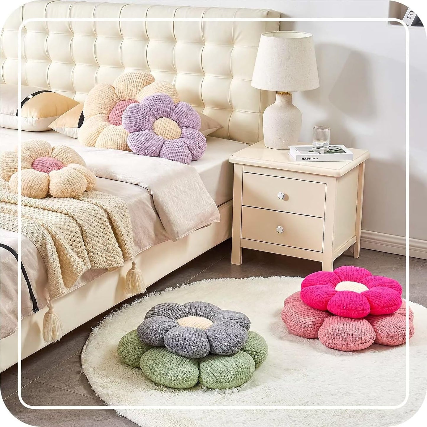 White Brown Flower Pillow, 14.9" Cute Flower Shaped Floor Pillow, Aesthetic Floral Plush Daisy Decorative Throw Pillows for Bed Sofa Couch