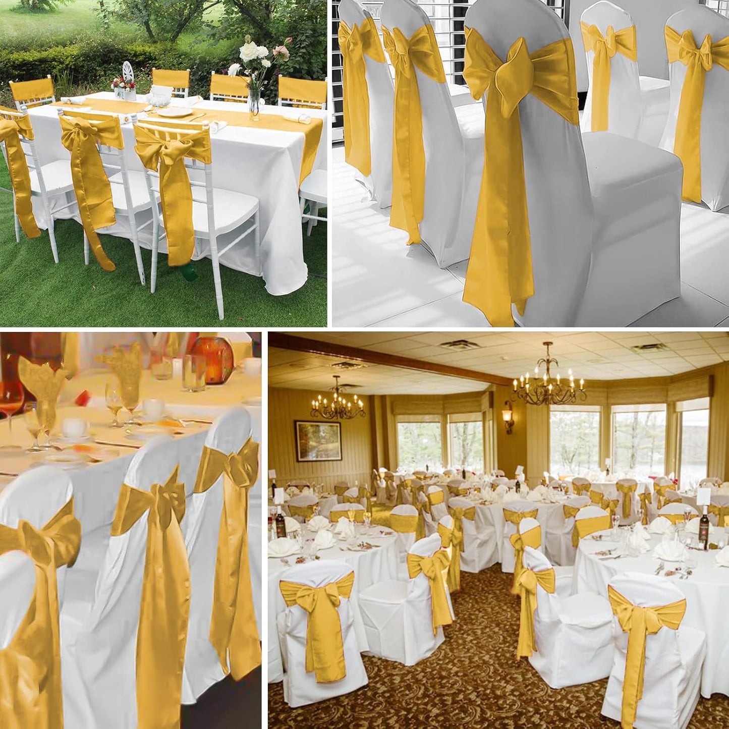 fani 120 PCS Gold Satin Chair Sashes Bows Universal Chair Cover for Wedding Reception Restaurant Event Decoration Banquet,Party,Hotel Event Decorations (7 x 108 inch)