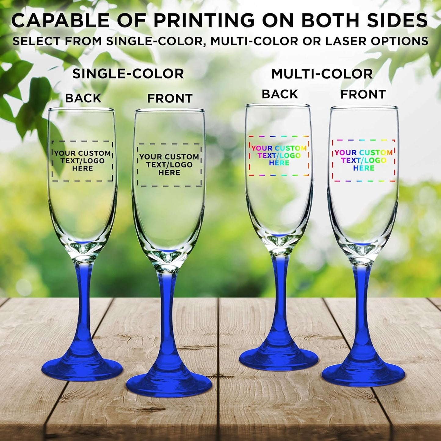 DISCOUNT PROMOS Custom Premiere Champagne Flutes 6.25 oz. Set of 10, Personalized Bulk Pack - Elegant Drinkware for Weddings, Events, & Promotional Gifts - Blue
