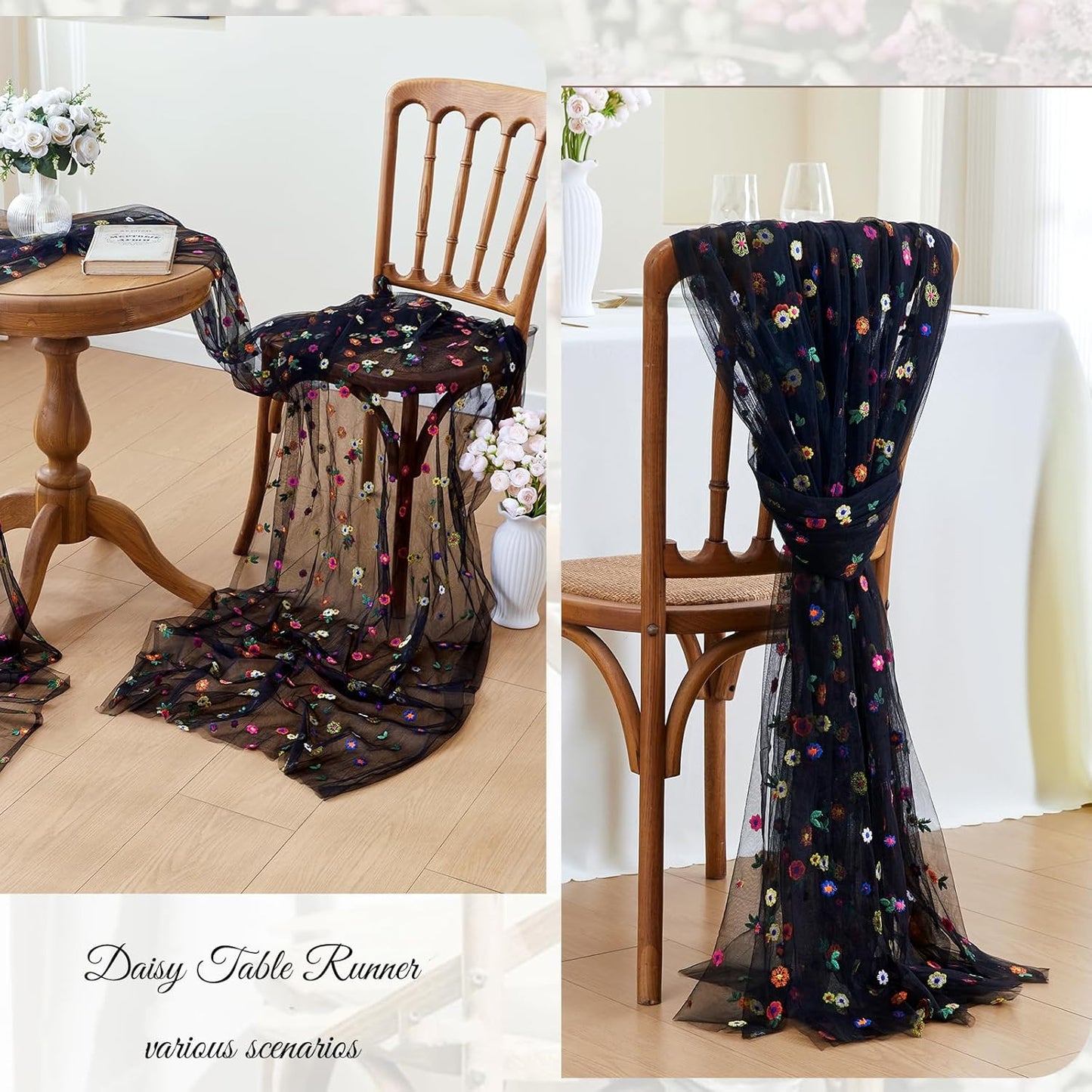 JIALE 3 Pack Black Floral Table Runner, Embroidery Daisy Seasonal Table Decorations, 120Inch 10FT Tulle Fabric for Home Decor, Bridal Shower Wedding, Baby Shower Parties, DIY Craft