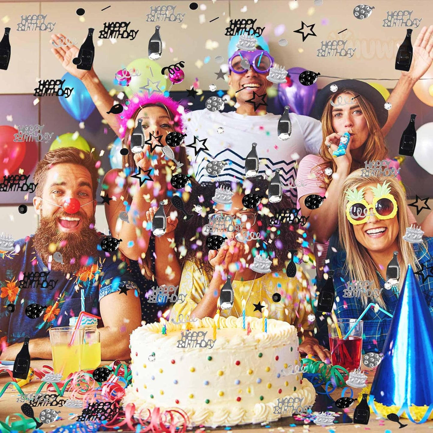 VHUWE Happy Birthday Confetti, 1.6 oz Black Silver Cake Balloon Star Goblet Bottle Confetti for Happy Birthday Party Decorations Boys Girls Kids Women Men Birthday Table Decorations | Black Silver