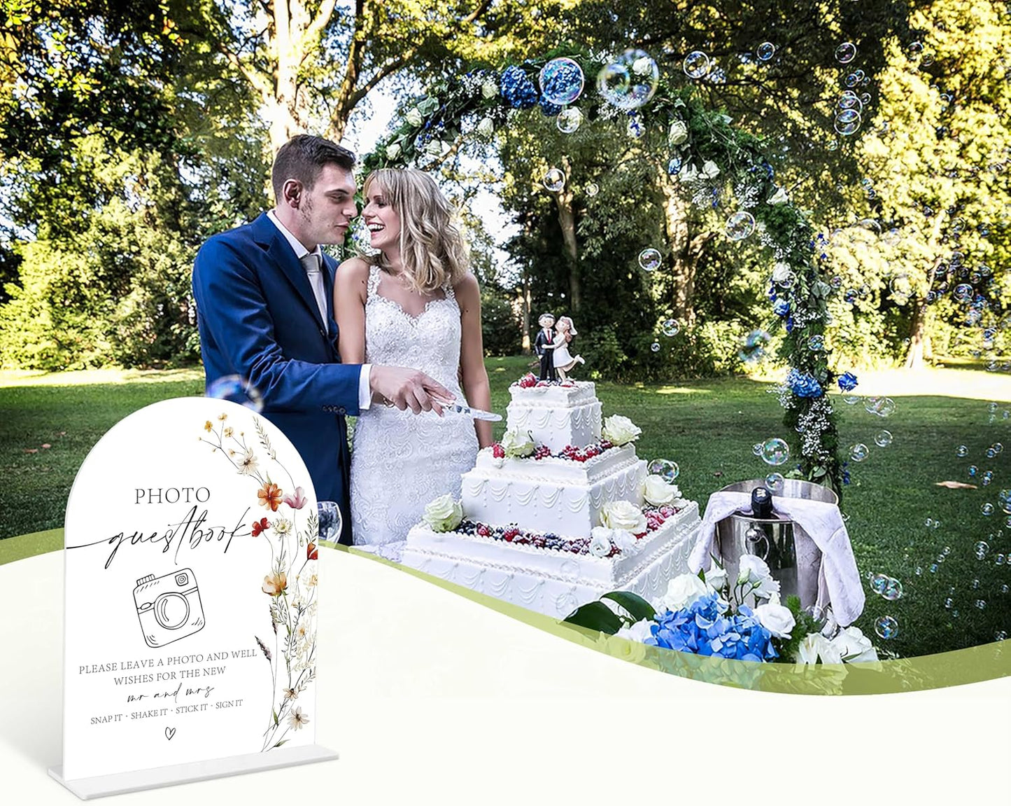 Boho Floral Photo Guestbook Sign, 6 x 8 Inch White Arch Acrylic Wedding Sign with Holder, Wedding Sign for Ceremony and Reception, Wedding Decoration, Wedding Supplies - BX06
