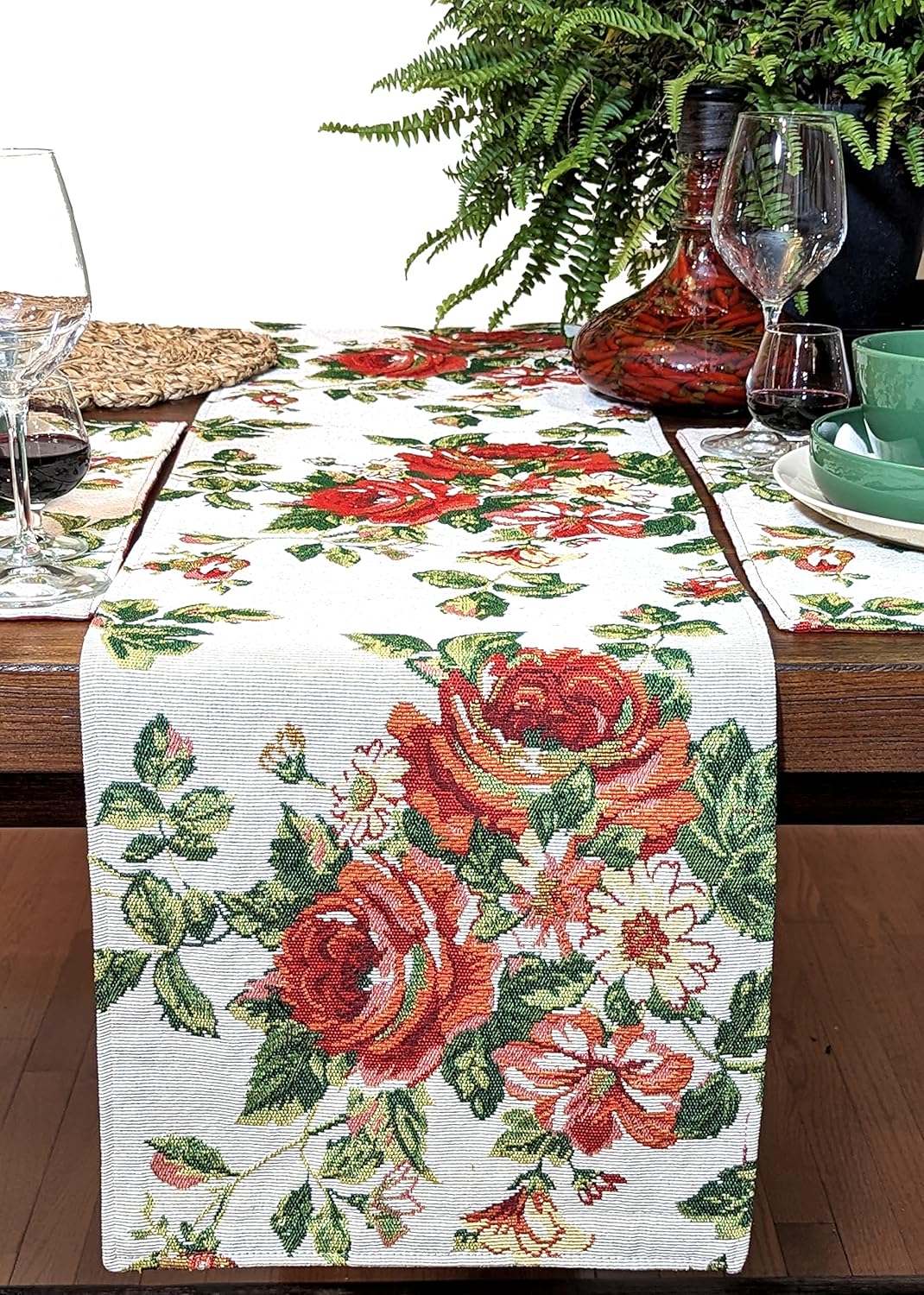 Tache Sweet Roses Spring Summer Traditional Country Vintage White Red Floral Decorative Woven Tapestry Kitchen Coffee Table Runners Scarfs, 13x72