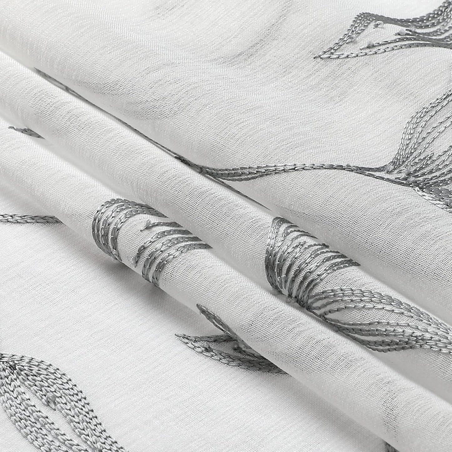 VISIONTEX Sheer Curtains 63 Inch Length 2 Panels, Decor Iron Grey Vine Leaves Embroidery on White Voile Pair, Accent Semi Window Drapes for Kitchen, Living Room and Bedroom, 54" W x 63" L