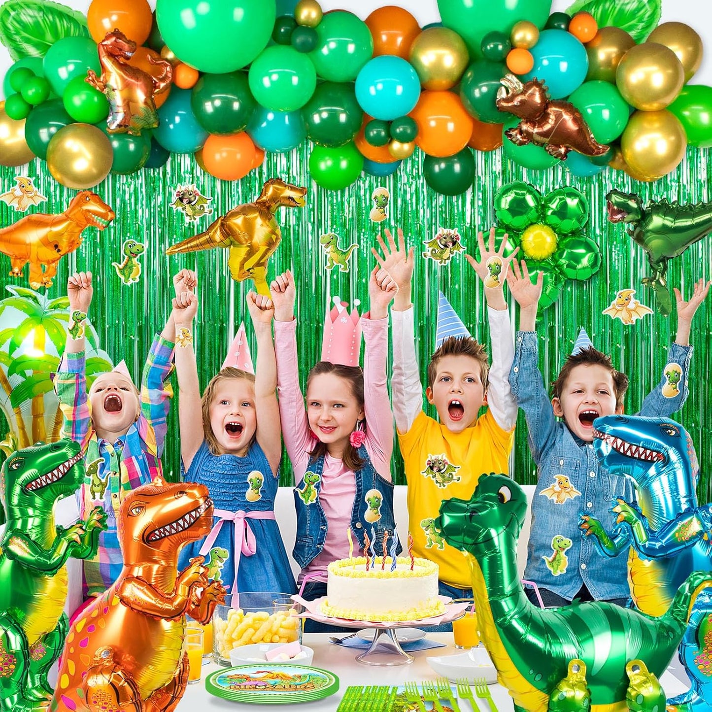 Dinosaur Party Decorations, Dinosaur Birthday Party Supplies for Kids Include Dino Foil Balloons, HAPPY BIRTHDAY Banner, Cake Toppers, Plates, Napkins, Curtains & Customized Tablecloth