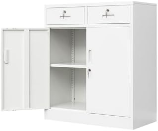 Wanfu Metal Storage Cabinet, Locking Storage Cabinet with Adjustable Shelf, 36" H Metal Cabinets with 2 Drawers for Office, Garage, Home-White by Wanfu