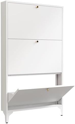 Shoe Cabinet with 3 Flip Drawers, Narrow Shoe Storage Cabinet, Farmhouse Shoe Organizer, Freestanding Organizer with Metal Legs for Entryway, Foyer (White, 3 Door) by LINGZOE