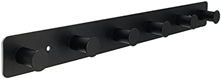Coat Rack Wall Mounted, Black Coat Hooks Adhesive & Screw in, Stainless Steel Door Hooks for Hanging Hat Towels Clothes, Hook Rail with 6 Round Hangers by AJLTPA