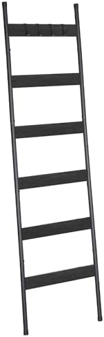 HOOBRO Blanket Ladder, 6-Tier Towel Rack with Hooks, Wall-Leaning Blanket Rack, Decorative Display Ladder Shelf, Scarves, Industrial, Living Room, Bedroom, Black BB66CJ01 by HOOBRO