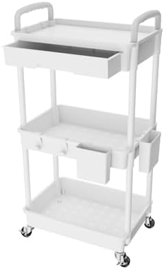 3 Tier Rolling Utility Cart with Drawer,REBECAT Utility Cart Made of Multifunctional Storage Organizer Tool for Kitchen,Bathroom,Living Room,Office(White) by REBECAT