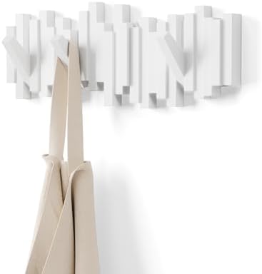 Umbra Sticks Wall Mount Coat Rack, 5 Hook Retractable Pegs, White by Umbra