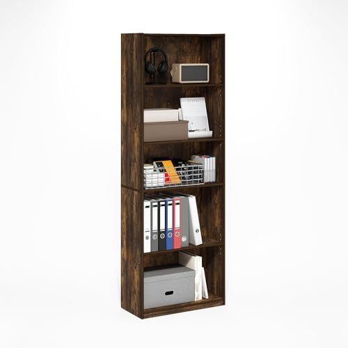 Furinno GEHRY Book Shelf, 5-Tier Bookshelf with Open Shelf, Standing Bookcase with Adjustable Shelves, 11.6 x 24.8 x 71.4, for Living Room, Bedroom, Home Office, Amber Pine - Image 5