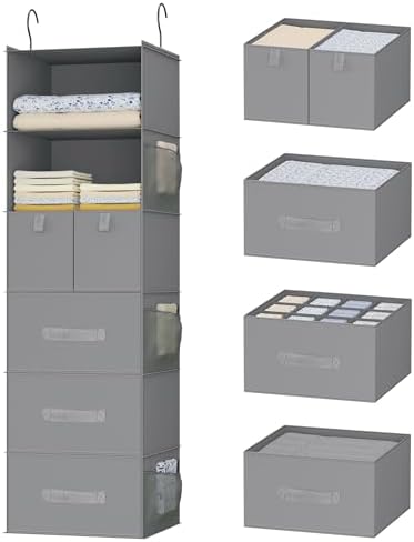 6-Shelf Hanging Closet Organizer with 5 Drawers, Non-Woven Storage, Gray by Bosuelife
