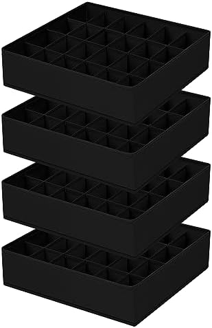 Underwear Organizer 4 Pack, 24 Cell Sock Drawer Organizer Divider, Sock and Underwear Drawer Organizer Foldable Tie Organizer for Socks, Underwear, Belts, Ties. (Black) by EasortmPackingCubes