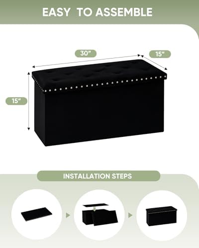 B FSOBEIIALEO Storage Ottoman Bench, 30" Velvet Ottoman with Storage, Black - Image 3
