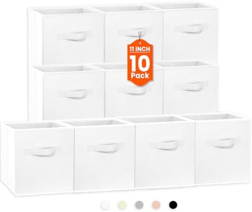 Criusia Storage Cubes, 11 Inch Cube Storage Bins for Shelves Closet Nursery Bedroom - 10 Pack Collapsible Baskets with Handles - Fabric Bins for Organizing Magazines Clothes Blanket Toys (White) by Criusia