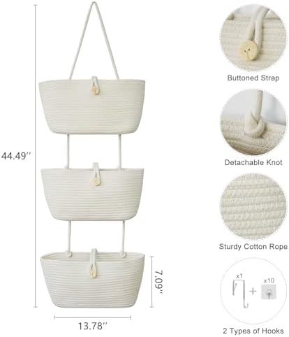 TeoKJ Over the Door Hanging Baskets with Wooden Button, 3-Tier Wall-Mounted Decorative Nursery Kitchen Baskets, White - Image 2