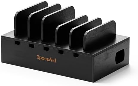 SpaceAid Bamboo Charging Station for Multiple Devices, Cell Phone Docking Stations for Multi Laptop, Tablets and iPads, Nightstand Bedside Desk Device Charger Organizer (Black) by SpaceAid