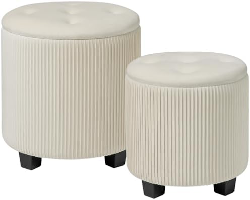 BLEXA Big Round Ottoman with Storage Set of 2, Velvet Makeup Vanity Stool by OUSADOU
