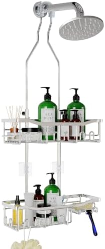 Upgraded Extended Length Shower Organizer with Hooks, Rustproof Shampoo Soap Holder, Large Hanging Bathroom Caddy, Silver by Joqixon
