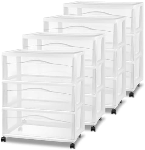 Sterilite Wide 3-Drawer Cart with Wheels for Bedroom and Dresser, 4-Pack by Sterilite