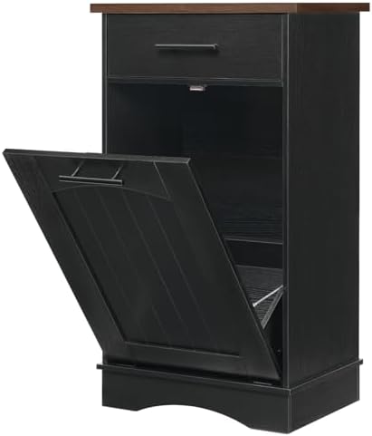 HOOBRO 10 Gallon Tilt Out Trash Cabinet, Kitchen Trash Can, Trash Bin Storage, with Flip Door and Large Drawer, Hidden Laundry Hamper Cabinet, for Kitchen, Laundry, Black and Walnut BH02LJ01 by HOOBRO