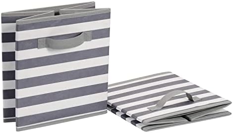 Amazon Basics Collapsible Fabric Storage Bins with Handles, Cube Organizer for Home Organization, White/Light Grey Stripe, 10.5"x10.5"x11" (Pack of 30) - Image 4