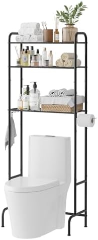 STDDRE 3-Tier Over The Toilet Storage Space Saver with Paper Holder Freestanding Rack Metal Bathroom Shelves with Hooks Above The Toilet Storage Shelf (Black, 3 Tier) by LifeTakesaDifferentTurn