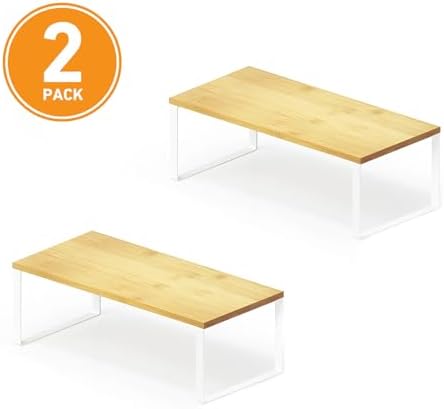 SpaceAid Cabinet Shelf Organizers 2 Pack, Kitchen Counter Rack Shelves Riser, Stackable Expandable Spice Rack, Pantry Cupboard Storage Organization (White and Natural, Long) - Image 7