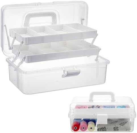 BTSKY 3-Layer Clear Plastic Dividing Storage Box Craft Organizer and Storage with Adjustable Spacers Portable Handled Art Supply Organizer Multipurpose Home Utility Box Sewing Organizers(Beige White) by BTSKY