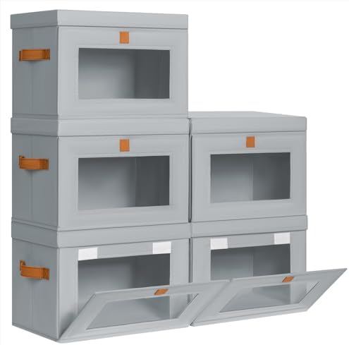 Homsorout Medium Fabric Storage bins - Collapsible Storage Bins with Open Window, 5 Pack Closet Baskets for Shelves, Stackable Decorative Boxes for Home, Dorm, Grey, 13.7"x 9.8" x 9.8" by Homsorout
