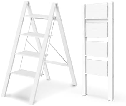 WOA WOA 4 Step Ladder, Foldable Step Stool, 300lbs Load, White by WOAWOAHOME