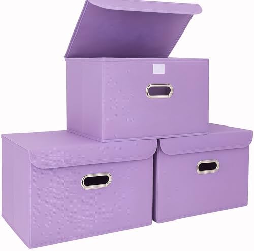 STOREONE Fabric Storage Cube Bins Foldable Organizer Container Collapsible Basket with Lids and Metal Handles, for Home, Bedroom, Closet 3 Pcs (multicolour-purple) by STOREONE
