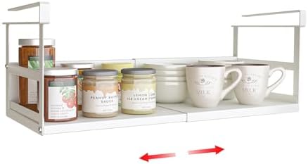 Expandable Under Cabinet Shelf Organizer with 0.94-Inch Thick Clips, Heavy Duty Extendable Under Shelf Storage Basket for Pantry or Laundry Room, White, 1 Pack, Interior: 5.7" H x 7.2" D by SHINEWON