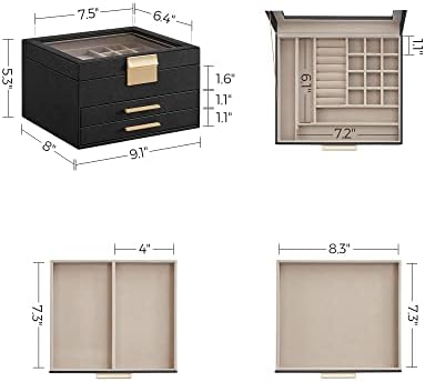 SONGMICS Jewelry Box Organizer, 3-Layer Storage with 2 Drawers, Glass Lid - Image 6