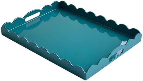 Gesodant Scalloped Glossy Plastic Lacquer Decorative Tray, 15.7 x 11.8 Inch Rectangle Serving Tray with Handles for Coffee Table, Ottoman, Bedroom Vanity, Living Room Centerpiece (Teal Blue) by Gesodant+